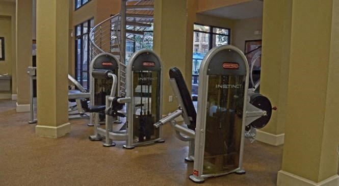 a group of exercise equipment in a gym