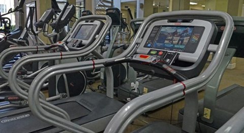 a row of exercise equipment in a gym