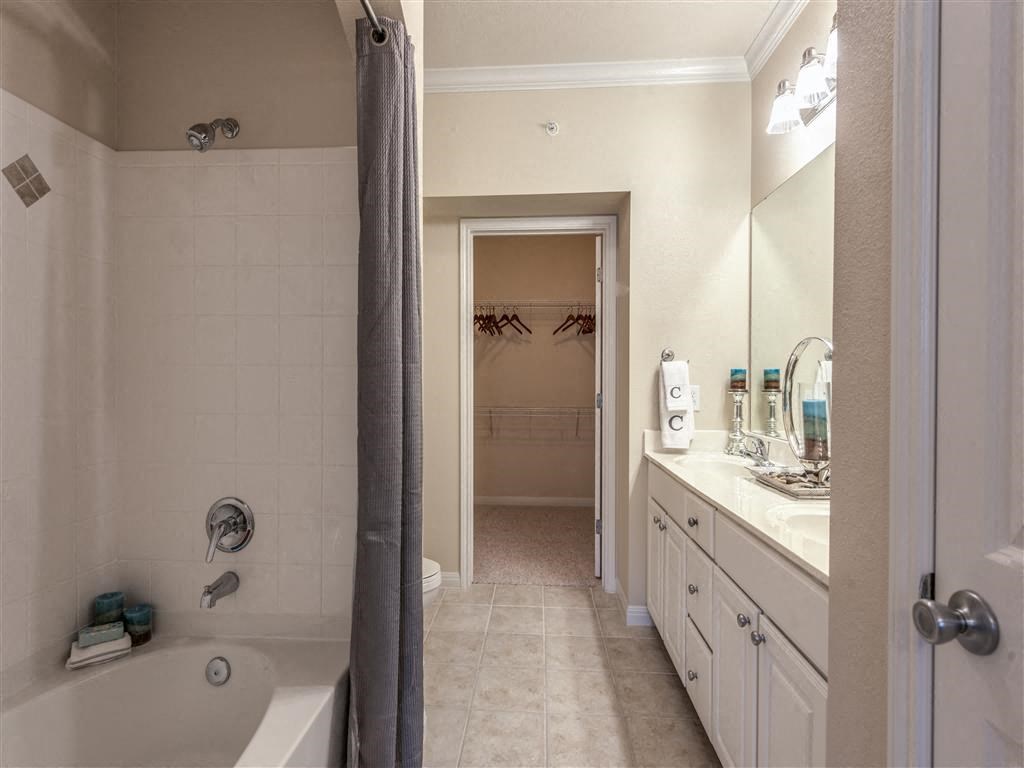 a bathroom with a tub and a sink and a mirror
