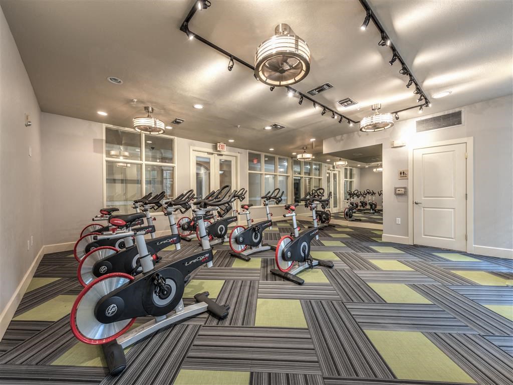 a gym with rows of exercise bikes on the floor