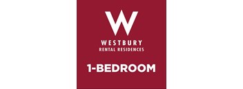 A red poster advertising Westbury Rental Residences 1-bedroom apartments.