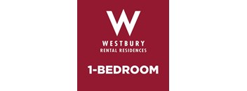 A red poster advertising Westbury Rental Residences 1-bedroom accommodation.