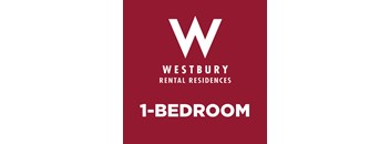 A red poster advertising Westbury Rental Residences 1-bedroom apartments.