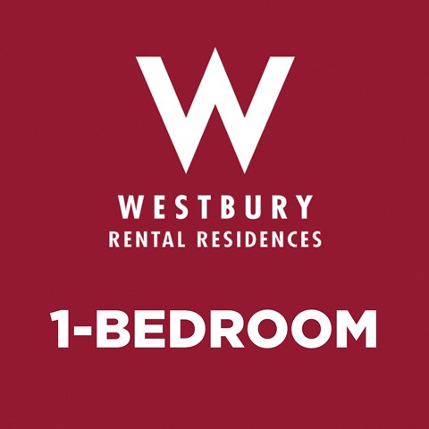 A red poster advertising Westbury Rental Residences 1-bedroom apartments.