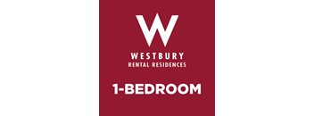 A red poster advertising Westbury Rental Residences 1-bedroom apartments.