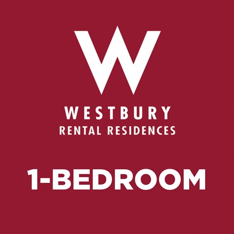 A red poster advertising Westbury Rental Residences 1-bedroom apartments.