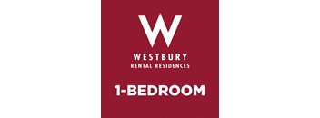 A red poster advertising Westbury Rental Residences 1-bedroom apartments.