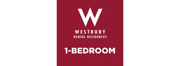 A red poster advertising Westbury Rental Residences 1-bedroom apartments.
