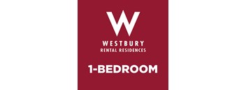 A red poster advertising Westbury Rental Residences 1-bedroom apartments.