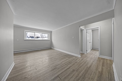 A room with wooden flooring and a window showing a snowy landscape outside.