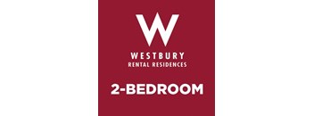 A red poster advertising Westbury Rental Residences and a 2-bedroom apartment.