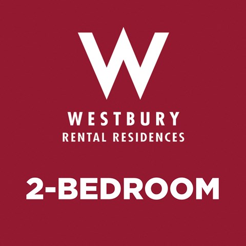 A red poster advertising Westbury Rental Residences and a 2-bedroom apartment.