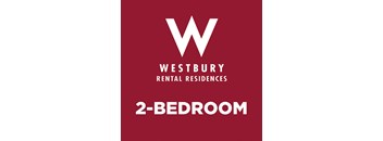 A red poster advertising Westbury Rental Residences and a 2-bedroom apartment.