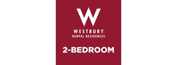 A red poster advertising Westbury Rental Residences and a 2-bedroom apartment.