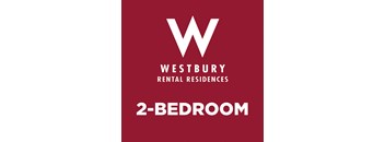 A red poster advertising Westbury Rental Residences and a 2-bedroom apartment.
