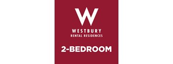 A red poster advertising Westbury Rental Residences and a 2-bedroom apartment.