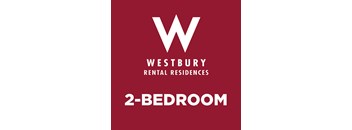 A red poster advertising Westbury Rental Residences and a 2-bedroom apartment.