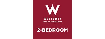 A red poster advertising Westbury Rental Residences and a 2-bedroom apartment.