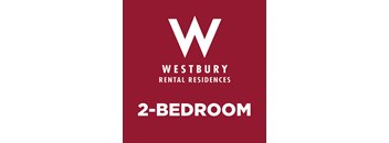 A red poster advertising Westbury Rental Residences and a 2-bedroom apartment.