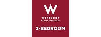 A red poster advertising Westbury Rental Residences and a 2-bedroom apartment.