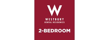A red poster advertising Westbury Rental Residences and a 2-bedroom apartment.
