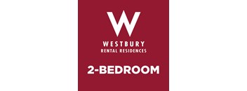 A red poster advertising Westbury Rental Residences and a 2-bedroom apartment.