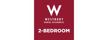 A red poster advertising Westbury Rental Residences and a 2-bedroom apartment.