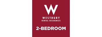 A red poster advertising Westbury Rental Residences and a 2-bedroom apartment.