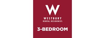 A red poster advertising Westbury Rental Residences and a 3-bedroom apartment.