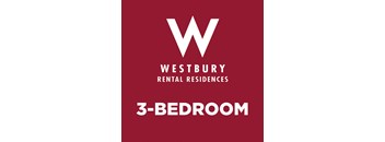 A red poster advertising Westbury Rental Residences and a 3-bedroom apartment.