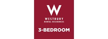 A red poster advertising Westbury Rental Residences and a 3-bedroom apartment.