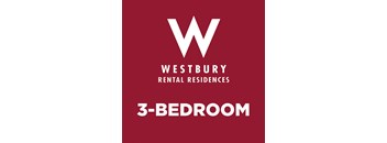 A red poster advertising Westbury Rental Residences and a 3-bedroom apartment.