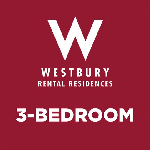 A red poster advertising Westbury Rental Residences and a 3-bedroom apartment.