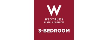 A red poster advertising Westbury Rental Residences and a 3-bedroom apartment.