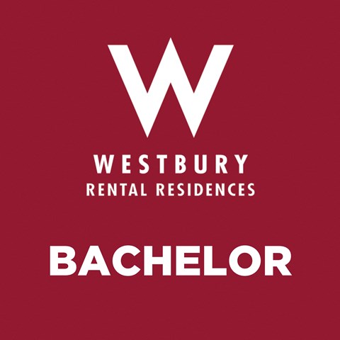 A red poster with the word "Bachelor" written on it.