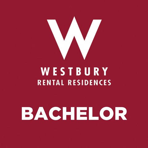 A red poster with the word "Bachelor" written on it.