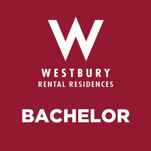 A red poster with the word "Bachelor" written on it.