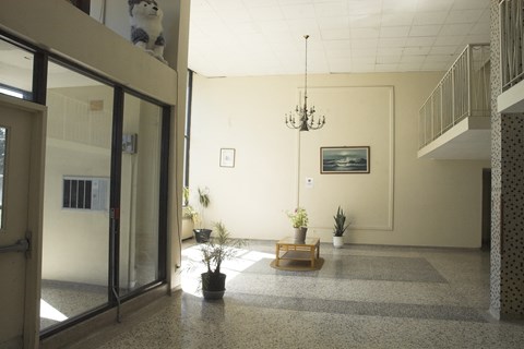 a lobby with a dog on the ceiling and a glass door