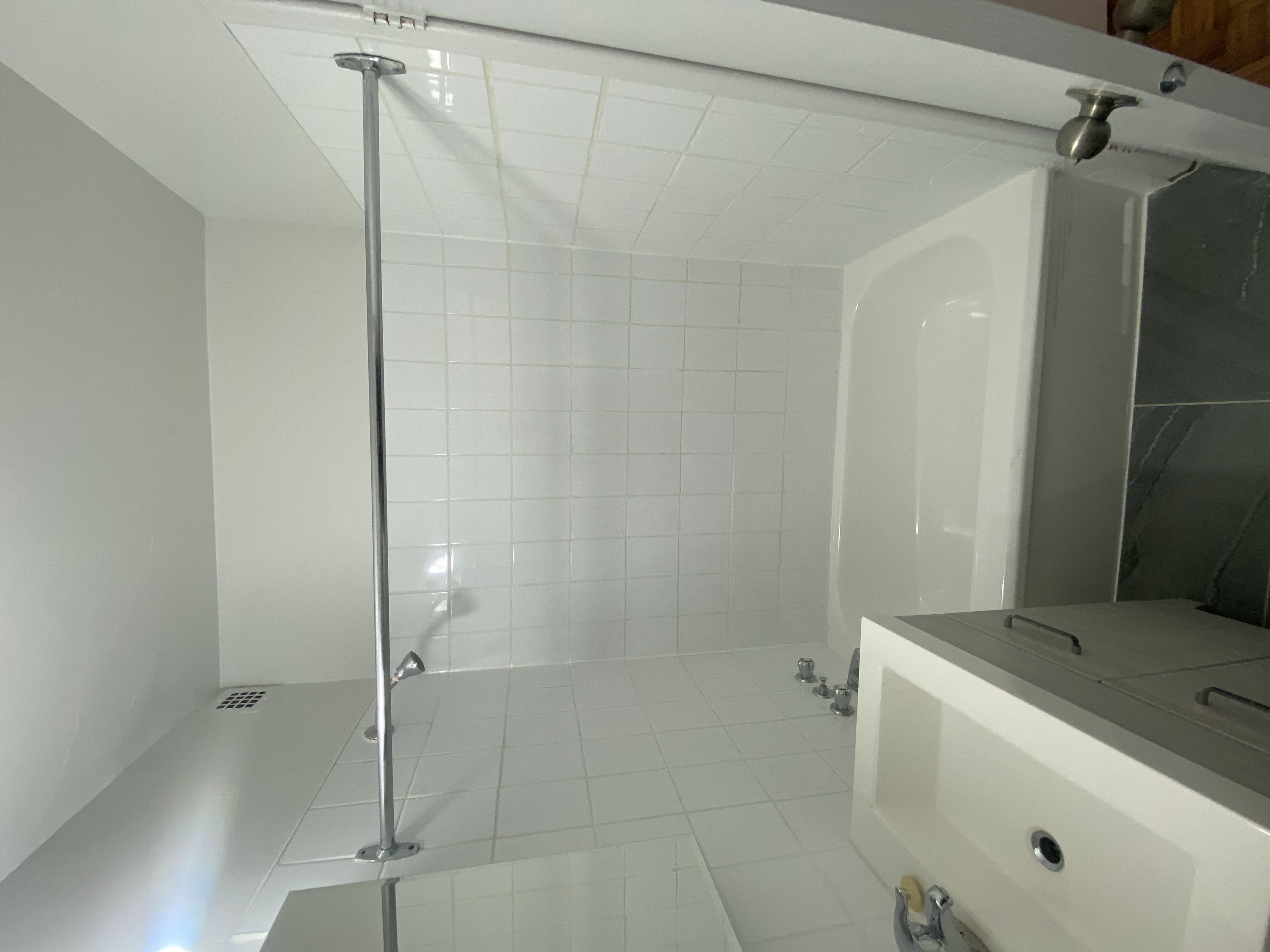 a bathroom with a shower and a sink