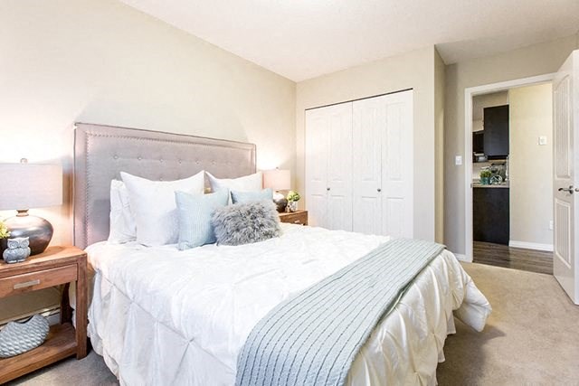 a bedroom with a large bed and a closet