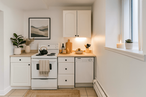 A small white kitchen with a framed picture on the wall.