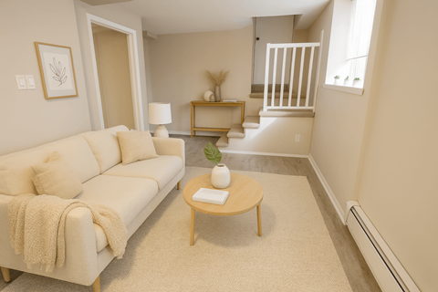 A living room with a white couch and a wooden coffee table.