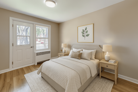 A bedroom with a large bed, a nightstand with two lamps, and a framed leaf picture on the wall.