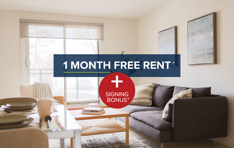 A living room with a sign that says "1 MONTH FREE RENT + SIGNING BONUS".