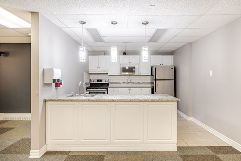 A kitchen with a white counter and cabinets.