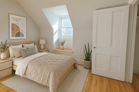 A bedroom with a bed, nightstand, and a door.