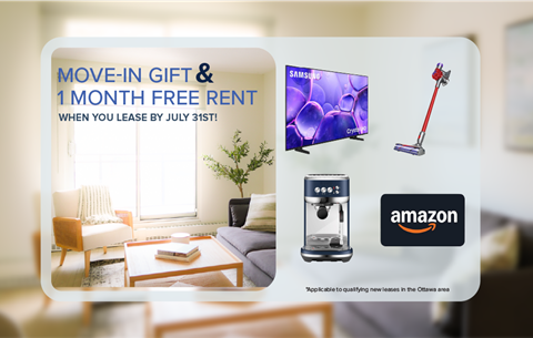 A promotional image for a move-in gift and free rent offer from Amazon.