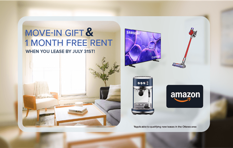 A promotional image for a move-in gift and free rent offer from Amazon.