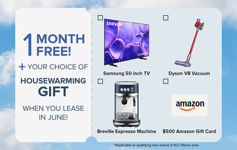 A promotional image offering a free month on a lease with a choice of a Samsung 50 inch TV, Dyson V8 vacuum, Breville Espresso Machine, or a $500 Amazon