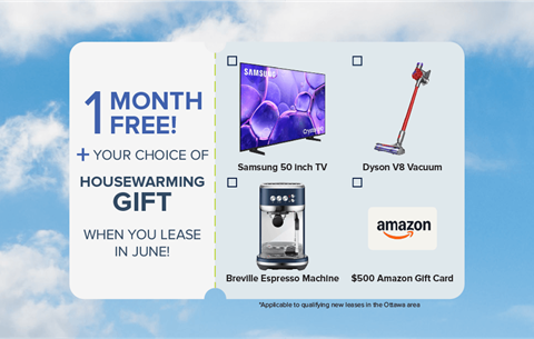 A promotional image offering a free month with a housewarming gift upon leasing in June.